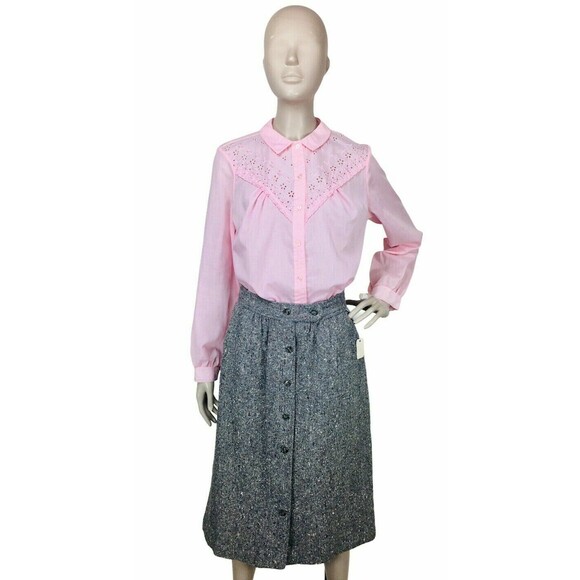Vintage 60s 70s Pleated Pink Eyelet Yoke Prairie Cottagecore Boho Western Blouse - Picture 3 of 9
